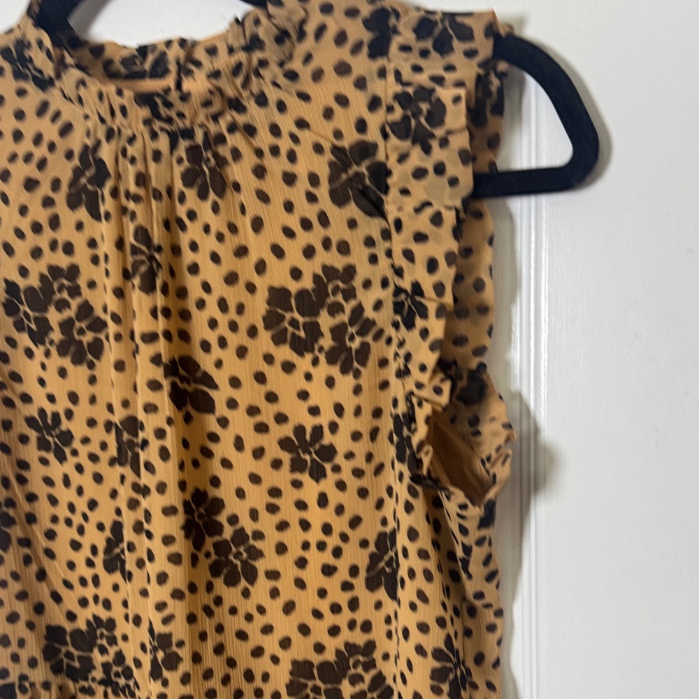 Forever 21 Tan Black Floral Polka Dot Dress Small Ruffle Sleeves Lined - Picture 5 of 10